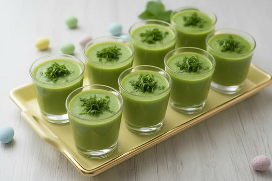 Pea and Mint Soup in shot glasses on a pale yellow tray to serve as a hot or cold canapé to guests 